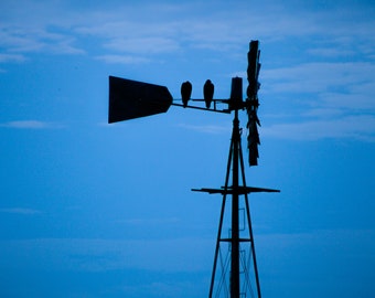 Windmill Silhouette with Birds Canvas Print Rustic Country Decor