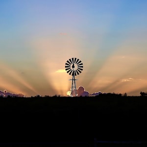 Windmill Silhouette in Texas Sunset Rustic Decor