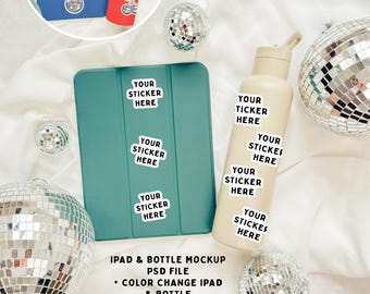 May include: A teal iPad and a beige water bottle with multiple white stickers that say "Your Sticker Here" on a white surface with silver disco balls.