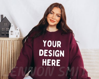 Christmas Gildan 18000 Maroon Crewneck Mockup, Holiday Gildan Crewneck Mockup, Crewneck Mockup, Model Mockup, Holiday Gildan 18000 Mockup