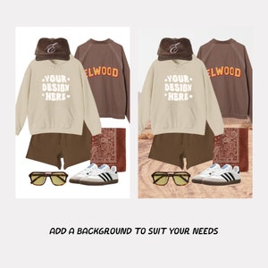 Op de afbeelding: Een beige hoodie met de tekst "YOUR DESIGN HERE" in wit, een bruin sweatshirt met de tekst "ELWOOD" in oranje, een bruine short, witte sneakers, een bruine zonnebril en een bruine baseballpet met de letter "E" in wit.