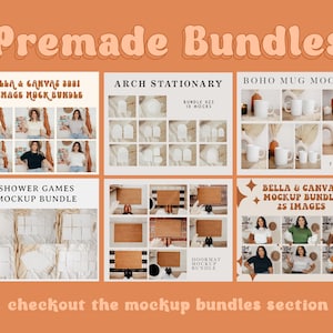 K&ouml;nnte beinhalten: Eine Collage aus sechs Bildern, die verschiedene Mockup-Pakete f&uuml;r verschiedene Produkte zeigen, darunter ein Bella-and-Canvas-T-Shirt-Mockup-Paket, ein Arch-Stationery-Mockup-Paket, ein Shower-Games-Mockup-Paket, ein Doormat-Mockup-Paket, ein Boho-Mug-Mockup-Paket und ein weiteres Bella-and-Canvas-Mockup-Paket. Der Text "Premade Bundles" befindet sich oben in der Collage.