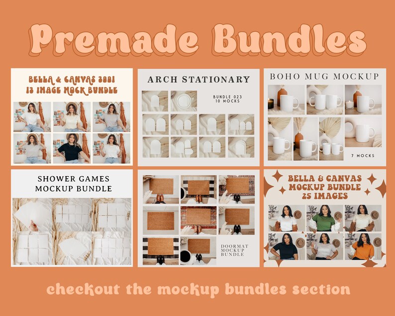 K&ouml;nnte beinhalten: Eine Collage aus sechs Bildern, die verschiedene Mockup-Pakete f&uuml;r verschiedene Produkte zeigen, darunter ein Bella-and-Canvas-T-Shirt-Mockup-Paket, ein Arch-Stationery-Mockup-Paket, ein Shower-Games-Mockup-Paket, ein Doormat-Mockup-Paket, ein Boho-Mug-Mockup-Paket und ein weiteres Bella-and-Canvas-Mockup-Paket. Der Text "Premade Bundles" befindet sich oben in der Collage.