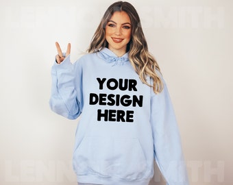 Gildan 18500 Light Blue Hoodie Mockup, Gildan Hoodie Mockup, Blue Hoodie Mockup, Blue Model Mockup, Blue Sweater mockup, Blue Gildan mock