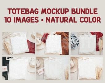 May include: A set of 10 images featuring a natural-colored tote bag mockup. The tote bag is shown in various settings with different props, including a cowboy hat, a bandana, and dried pampas grass.