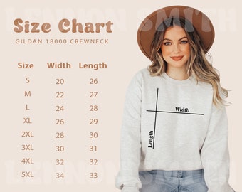 Gildan 18000 Sizing Chart, Size Chart, Gildan 18000 Crewneck size chart, Sweater size chart, Crewneck Sizechart, Sizing Chart Measurement