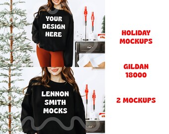 Christmas Gildan 18000 Black Crewneck Mockup, Holiday Gildan Crewneck Mockup, Xmas Crewneck Mockup, Model Mockup, Gildan 18000 Mockup