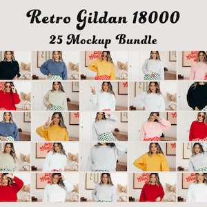 May include: A collection of 25 mockups showcasing a Gildan 18000 crewneck sweatshirt in a range of colours. The mockups feature the sweatshirt being worn by different models in a variety of poses and settings.
