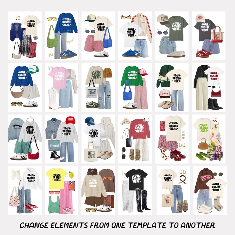 Op de afbeelding: Een collage van 16 verschillende outfitcombinaties met verschillende kledingstukken, waaronder T-shirts, truien, jeans, rokken en accessoires. Elke outfit bevat een personaliseerbaar T-shirt met de tekst "YOUR DESIGN HERE".