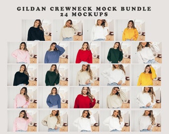 May include: A collection of 24 mockups featuring a crew neck sweatshirt in various colors, worn by different models. The sweatshirts are all Gildan brand.