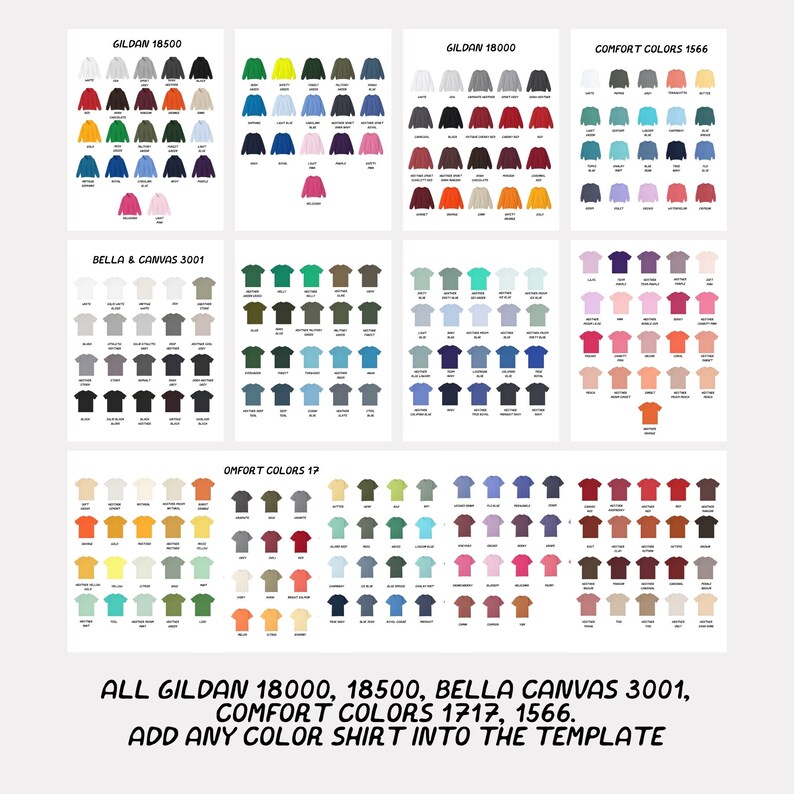 Op de afbeelding: Een grafiek met verschillende kleur opties voor Gildan 18000, 18500, Bella Canvas 3001 en Comfort Colors 1717, 1566 T-shirts. De grafiek bevat een verscheidenheid aan kleuren, waaronder wit, zwart, grijs, rood, blauw, groen, geel en roze.