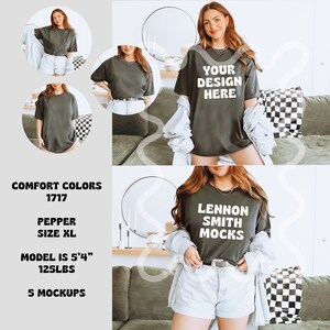 May include: Five mockups of a dark green oversized t-shirt with different text designs. The model is 5'4" and 125 lbs wearing the shirt in various poses. The shirt is available in size XL and is called "Pepper" in the "Comfort Colors" line.