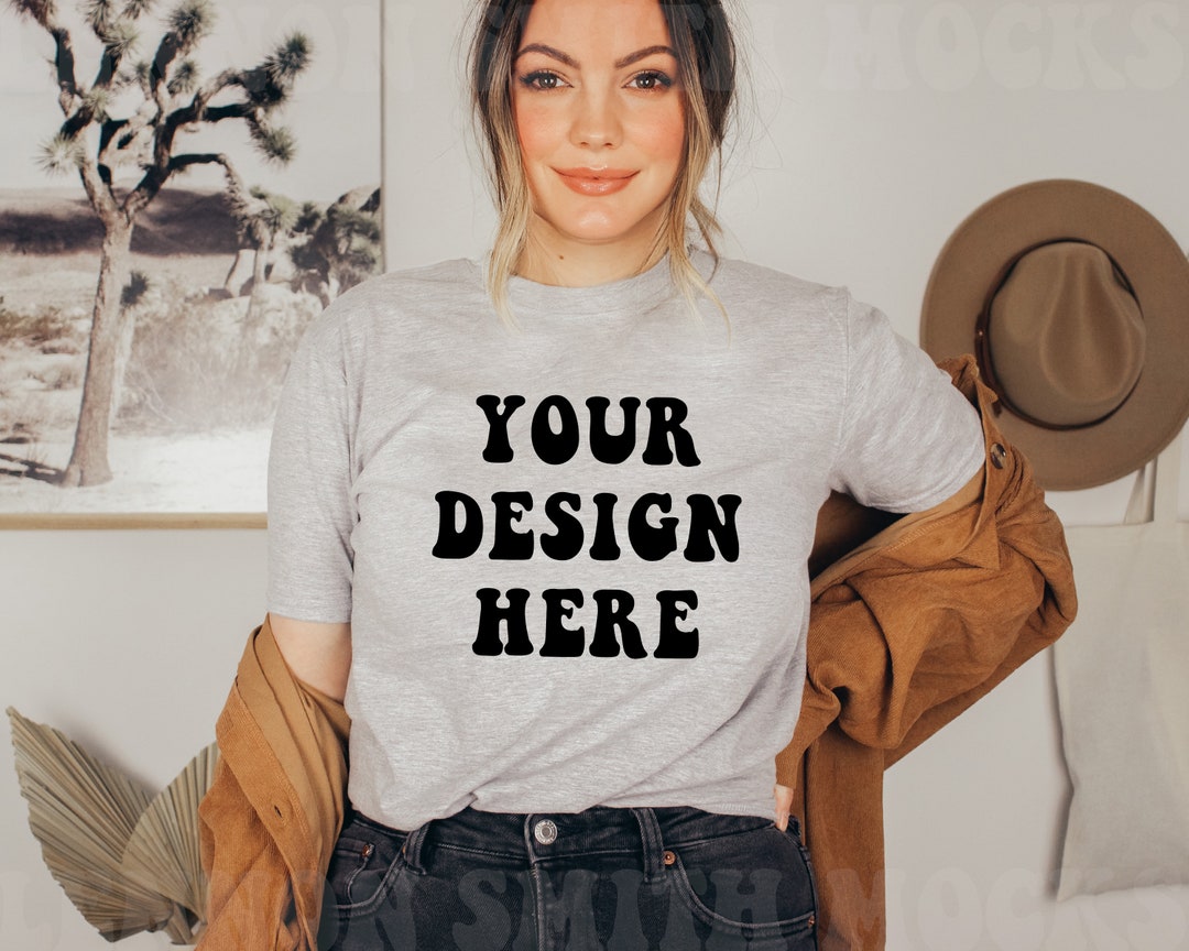 Ash Grey Gildan 64000 Mockup, Grey Gildan Shirt, Tee Mockup, Model