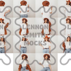May include: A collection of 10 mockups featuring a white t-shirt with different poses and accessories. The model is wearing a brown hat, a white t-shirt, and jeans. The background is white.