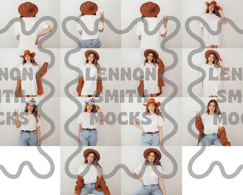 May include: A collection of 10 mockups featuring a white t-shirt with different poses and accessories. The model is wearing a brown hat, a white t-shirt, and jeans. The background is white.