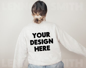 Back of Gildan 18000 Ash Grey Crewneck Mockup, Gildan Crewneck Back Mockup, Crewneck back Mockup, back Model Mockup, Back of model mock