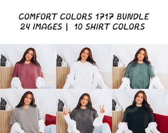 May include: A collage of images featuring a person wearing different colored t-shirts. The text "COMFORT COLORS 1717 BUNDLE 24 IMAGES | 10 SHIRT COLORS" is displayed at the top of the image.
