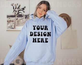 Gildan 18500 Light Blue Hoodie Mockup, Gildan Hoodie Mockup, Blue Hoodie Mockup, Blue Model Mockup, Blue Sweater mockup, Blue Gildan mock