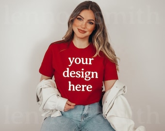 Cherry Red Gildan Tshirt Mockup, Red Gildan Shirt mock, Red shirt mock, Model Mockup, Red Gildan Mock, Christmas T-Shirt Mockup