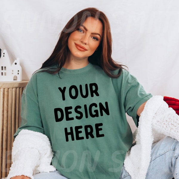 Christmas Light Green Comfort Colors C1717 Mockup, Holiday Light Green Mockup, Comfort Colors mockup, Christmas Comfort colors, Model Mockup