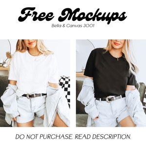 以下が含まれることがあります： 白い背景に、異なる色のTシャツを着た2人の女性。2人ともデニムのショートパンツとデニムジャケットを着ています。画像の上部に「Free Mockups」というテキストがあります。「Free Mockups」というテキストの下に「Bella & Canvas 3001」というテキストがあります。