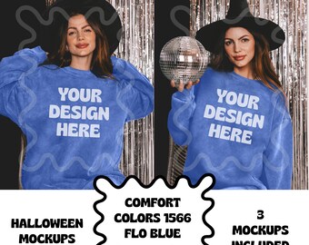 Halloween Flo Blue Comfort Colors 1566 Mock-up, Witch Comfort Colors Crewneck Mockup, Witch Comfort Colors Mock, Halloween 1566 Flo Blue