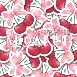 Puede incluir: Una maqueta de pegatinas apiladas con un patrón de cerezas rojas con lazos rosas. El texto "STACKED STICKER MOCKUP PSD FILE" es visible en el centro de la imagen.