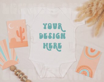 Desert Boho White Rabbit skins onesie mockup, Rabbit Skins bodysuit mock, White onesie mockup, Boho White Onesie Mockup, boho onesie mockup