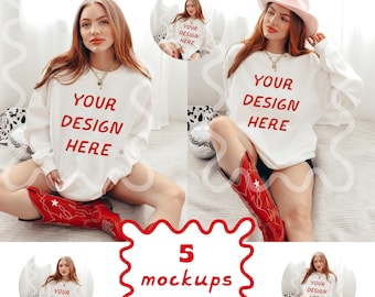 Gildan 18000 White Crewneck Mockup, Western Gildan Crewneck Mockup, Crewneck Mockup, Model Mockup, Cowgirl Gildan 18000 Mockup, Sweater mock