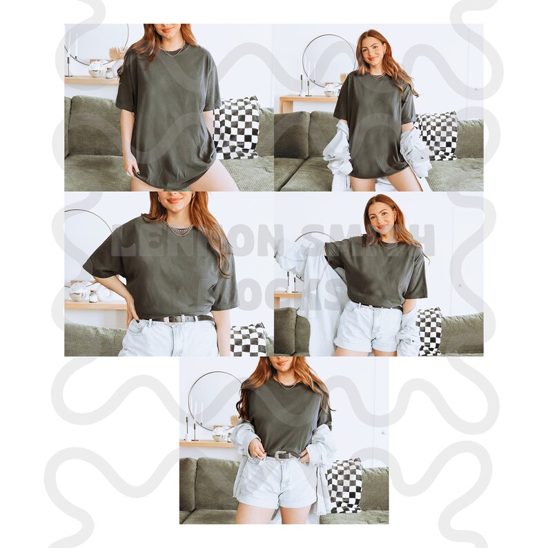 May include: A woman is wearing a dark green oversized t-shirt in four different ways. She is wearing the t-shirt with denim shorts, a white shirt, and a light grey jacket. The t-shirt is a relaxed fit and has a crew neck.