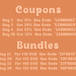 May include: A graphic with a peach background and white text. The text reads "Coupons" and lists discounts for buying multiple items. The discounts are 15%, 20%, 25%, and 35% off. The text also reads "Bundles" and lists prices for buying 15, 20, 25, and 30 items. The prices are &pound;45, &pound;55, &pound;60, and &pound;65 CAD.