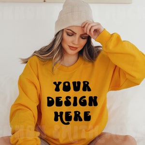 Gildan 18000 Gold Crewneck Mockup, Gildan Crewneck Mockup, Crewneck Mockup, Model Mockup, Gildan 18000 Mockup, Sweater mockup, Yellow mock