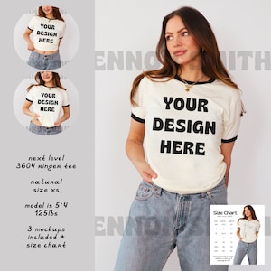 Natural Next Level 3604 Mockup, Natural Next Level 3604 Ringer Tee Mockup, Natural and Black 3604 Mockup, Next Level 3604 Size Chart, Bundle