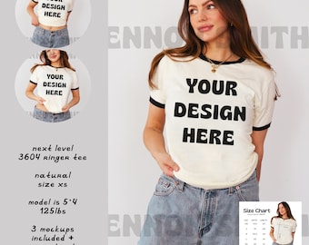 Natural Next Level 3604 Mockup, Natural Next Level 3604 Ringer Tee Mockup, Natural and Black 3604 Mockup, Next Level 3604 Size Chart, Bundle