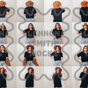 May include: A collection of 10 mockups featuring a black t-shirt with a variety of poses and accessories, including a brown fedora hat.