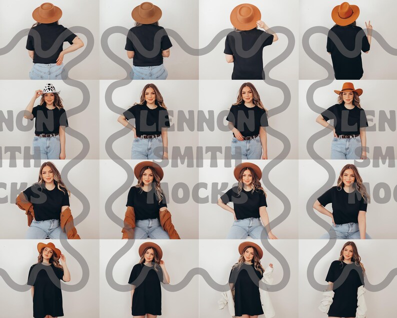 May include: A collection of 10 mockups featuring a black t-shirt with a variety of poses and accessories, including a brown fedora hat.