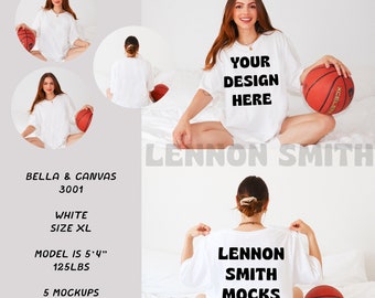Biała koszulka Bella Canvas 3001 Mockup, mockup koszulki do koszykówki, mockup koszykówki, mockup WNBA, mockup NBA, mockup sportowy, koszulka do koszykówki