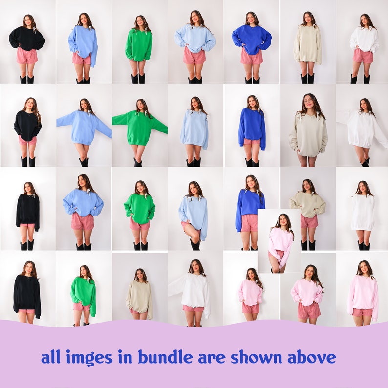 May include: A collage of 36 photos showing a variety of crewneck sweatshirts in different colors, including black, white, light blue, green, pink, and beige. The sweatshirts are modeled by a person wearing them with shorts. The text "all images in bundle are shown above" is at the bottom of the collage.
