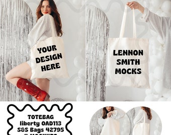 May include: Four mockups of a white tote bag. The bag is shown in different poses, including a person holding the bag and the bag lying flat. The bag has the text "YOUR DESIGN HERE" and "LENNON SMITH MOCKS" printed on it. The text "TOTEBAG liberty OAD113 S&S Bags 42795 4 MOCKUPS" is also printed on the image.