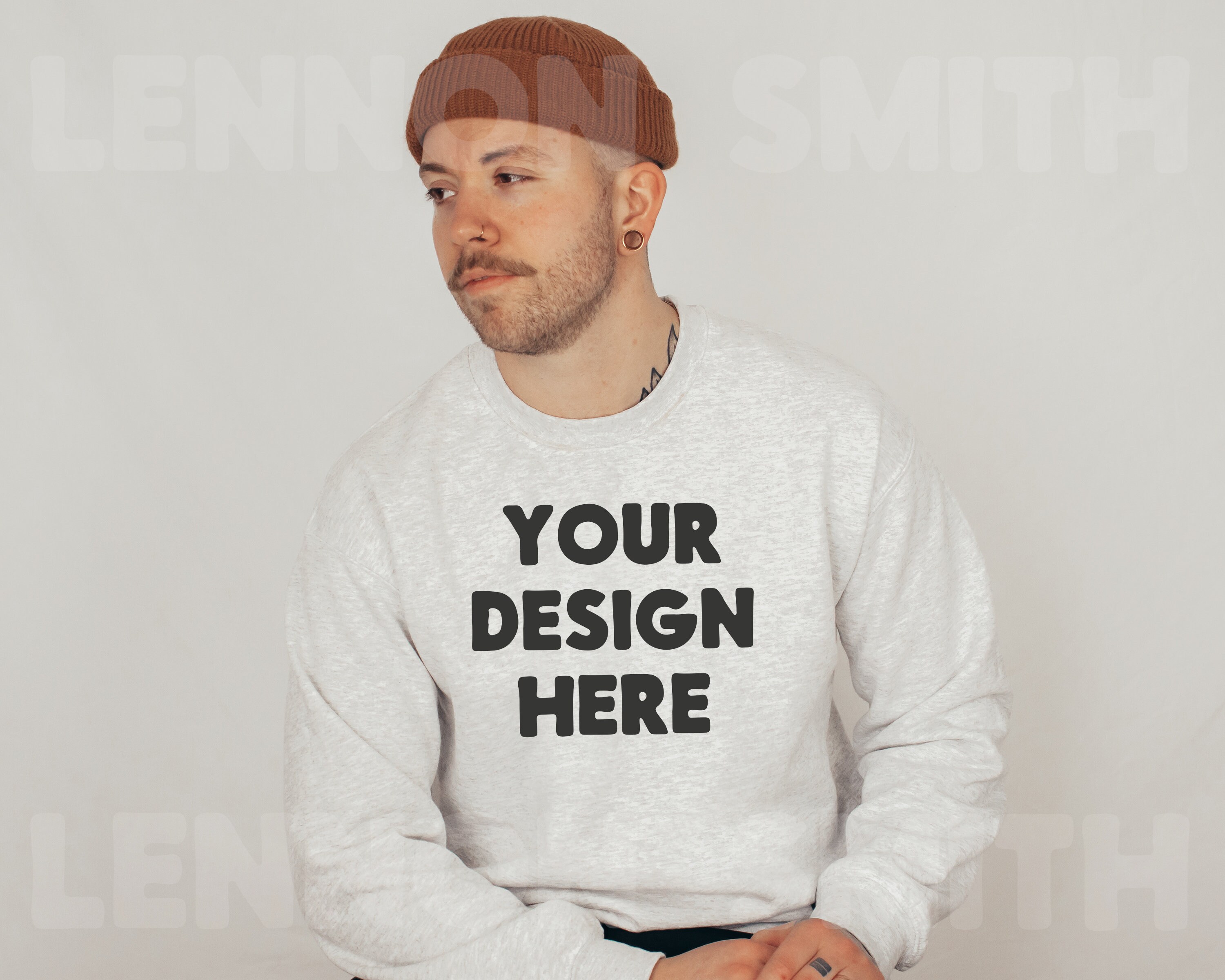 LennonSmithMocks Gildan 18000 Ash Grey Crewneck Mockup, Gildan Crewneck Mockup, Crewneck Mockup, Male Model Mockup, Gildan 1800 Mockup, Male Sweater Mockup