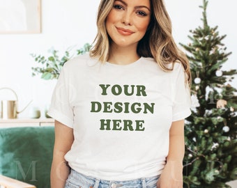 Christmas White Tshirt Mockup, White Bella Canvas 3001 Tshirt Mockup, Tee Mockup, Model Mockup, Christmas T-Shirt Mockup, Holiday shirt mock