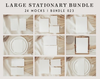 May include: A set of 24 blank stationery mockups featuring various sizes and styles of cards, envelopes, and a frame. The mockups are arranged on a neutral background with natural textures.