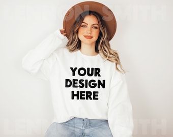 Gildan 18000 White Crewneck Mockup, Gildan Crewneck Mockup, Crewneck Mockup, Model Mockup, Gildan 18000 Mockup, Sweater mockup, White mock