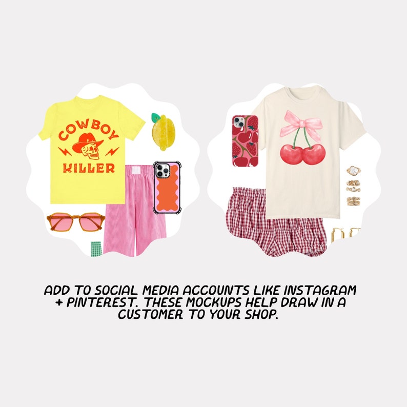 Op de afbeelding: Twee mockups van kledingstukken. De eerste mockup toont een geel T-shirt met de tekst "COWBOY KILLER" en een schedelgrafiek. De tweede mockup toont een wit T-shirt met een roze strik en twee rode kersen. Beide mockups bevatten een telefoonhoesje met een grafisch ontwerp.