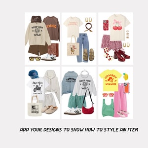 Op de afbeelding: Een collage van verschillende outfit-idee&euml;n met grafische t-shirts, spijkerjacks en accessoires. De outfits omvatten een wit t-shirt met een kersenprint, een geel t-shirt met de tekst "Cowboy Killer", een wit t-shirt met de tekst "Keep Her Wild" en een wit t-shirt met de tekst "Night Riders".