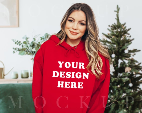 Christmas Gildan 185000 Red Hoodie Mockup Gildan Hoodie Mockup Red Hoodie Mockup Model Mockup Sweater mockup Christmas Mockup