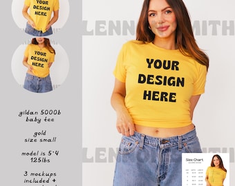 Gold Baby Tee Mockup, Gildan 5000b mockup, gildan 5000b mockup for women, Baby tee mock, Gold Gildan baby tee mockup, gildan 5000b Gold