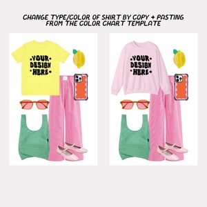 Op de afbeelding: Twee outfit-mockups met een geel T-shirt en een roze sweatshirt met de tekst "YOUR DESIGN *HERE*" op beide. Beide outfits bevatten een roze broek, groene geruite tassen, roze ballerina's, zonnebrillen en een telefoonhoes met een golvend oranje ontwerp.