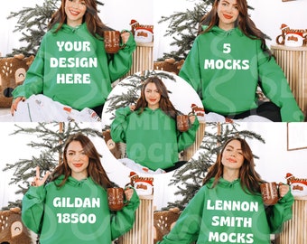 May include: Five different mockups of a green hooded sweatshirt with various text designs. The text includes "Your Design Here", "5 Mocks", "Gildan 18500", and "Lennon Smith Mocks".