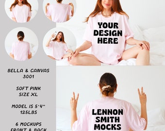 May include: Six mockups of a soft pink Bella + Canvas 3001 t-shirt in size XL. The model is 5'4" and 125 lbs. The front of the shirt has the text "YOUR DESIGN HERE" and the back of the shirt has the text "LENNON SMITH MOCKS".